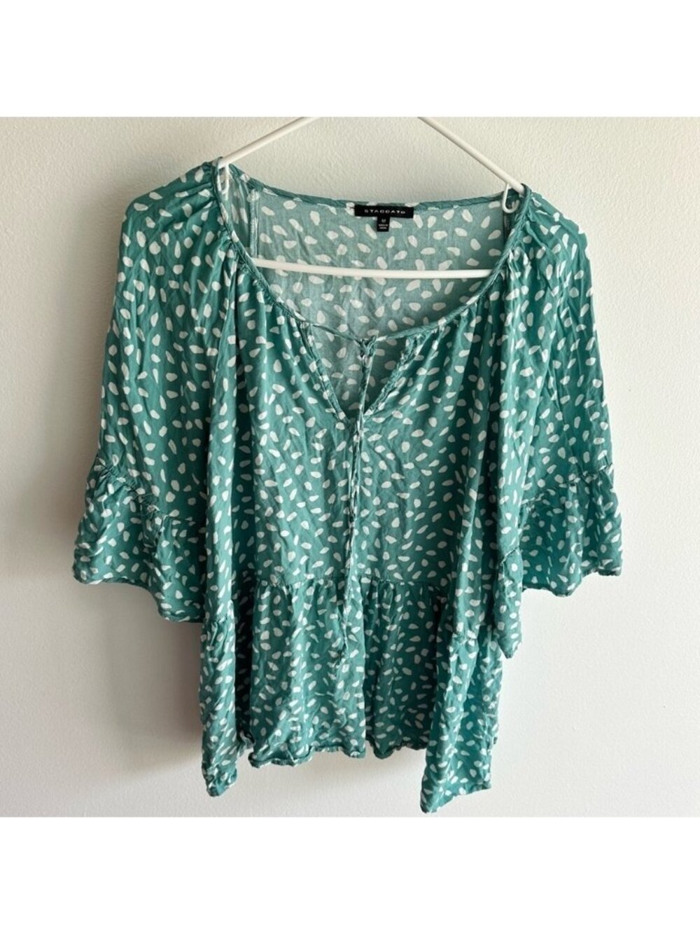 Green Polka Dot Women's Top staccato size medium ruffle flare top